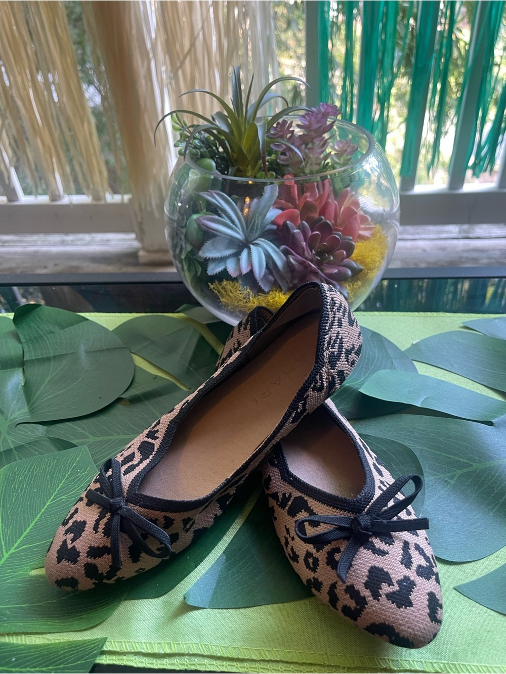 Women's Black and Tan Leopard Knit Ballet Flats